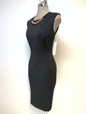 NEW CALVIN KLEIN BLACK SHEATH DRESS WITH GOLD CHAIN DETAIL